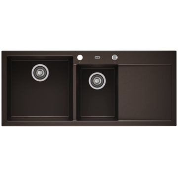 A-POINT 180 kétmedencés csepegtetőtálcás gránit mosogató automata dugóemelő, szifonnal,  csokoládé barna, balos