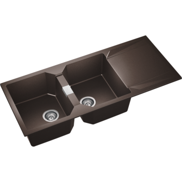 KRONOS 200 kétmedencés csepegtetőtálcás gránit mosogató automata dugóemelő, szifonnal, csokoládé barna KRONOS 200 kétmedencés csepegtetőtálcás gránit mosogató automata dugóemelő, szifonnal, csokoládé barna