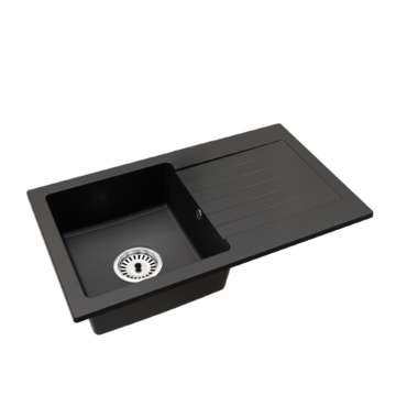 Leon2 egymedencés gránit mosogató szett 2 féle választható csapteleppel (Beta, Steel) automata szűrőkosaras leeresztővel, szifonnal fekete színben