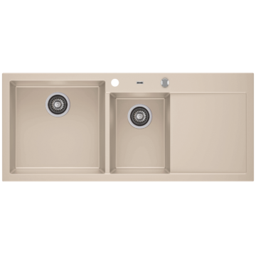 A-POINT 180 kétmedencés csepegtetőtálcás gránit mosogató automata dugóemelő, szifonnal, bézs, balos A-POINT 180 kétmedencés csepegtetőtálcás gránit mosogató automata dugóemelő, szifonnal, bézs, balos