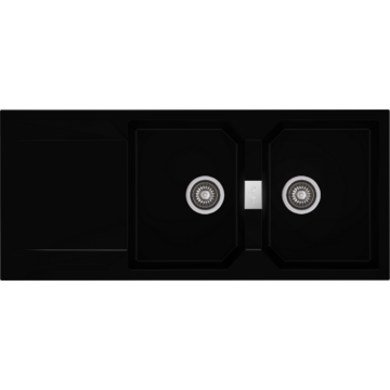 KRONOS 200 kétmedencés csepegtetőtálcás gránit mosogató automata dugóemelő, szifonnal, fekete KRONOS 200 kétmedencés csepegtetőtálcás gránit mosogató automata dugóemelő, szifonnal, fekete