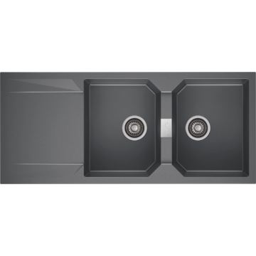 KRONOS 200 kétmedencés csepegtetőtálcás gránit mosogató automata dugóemelő, szifonnal, szürke KRONOS 200 kétmedencés csepegtetőtálcás gránit mosogató automata dugóemelő, szifonnal, szürke