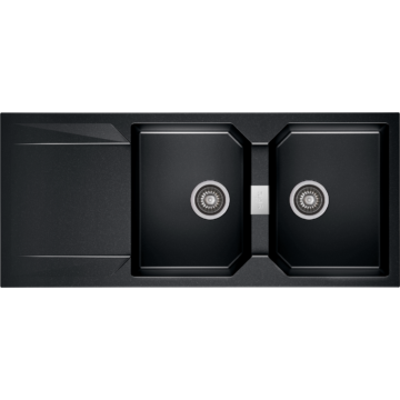 KRONOS 200 kétmedencés csepegtetőtálcás gránit mosogató automata dugóemelő, szifonnal, fekete-szemcsés fényes