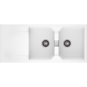 KRONOS 200 kétmedencés csepegtetőtálcás gránit mosogató automata dugóemelő, szifonnal, fehér KRONOS 200 kétmedencés csepegtetőtálcás gránit mosogató automata dugóemelő, szifonnal, fehér