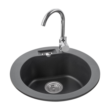 Malibu 10 kerek gránit mosogató, szifonnal fekete-szemcsés fényes Malibu 10 kerek gránit mosogató, szifonnal fekete-szemcsés fényes