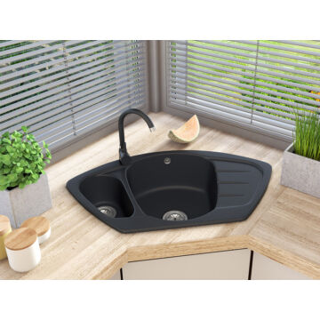 Brest gyümölcsmosós sarok gránit mosogató, szifonnal, fekete Brest gyümölcsmosós sarok gránit mosogató, szifonnal, fekete