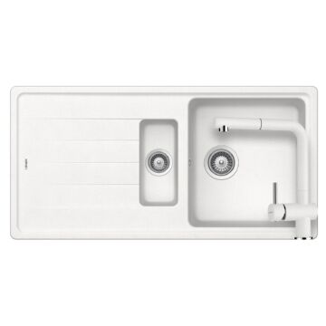 SCHOCK Element D-150 Cristalite Alpina gyümölcsmosós gránit mosogató szett, Schock Epos Ext csaptelep, fehér