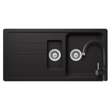 SCHOCK Formhaus D-150 Cristalite Nero gyümölcsmosós gránit mosogató szett, szifonnal, Schock Plutos konyhai csaptelep, fekete