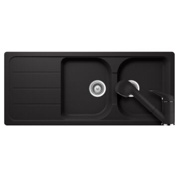 SCHOCK Formhaus D-200 Cristalite Nero kétmedencés csepegtetőtálcás gránit mosogató, Schock Cosmo Ext konyhai csaptelep, fekete