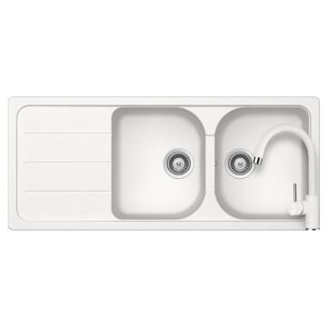 SCHOCK Formhaus D-200 Cristalite Alpina kétmedencés csepegtetőtálcás gránit mosogató, Schock Plutos konyhai csaptelep, fehér