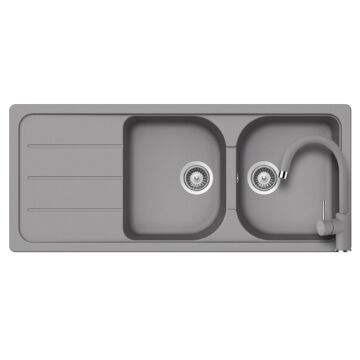 SCHOCK Formhaus D-200 Cristalite Croma kétmedencés csepegtetőtálcás gránit mosogató, Schock Plutos konyhai csaptelep, szürke
