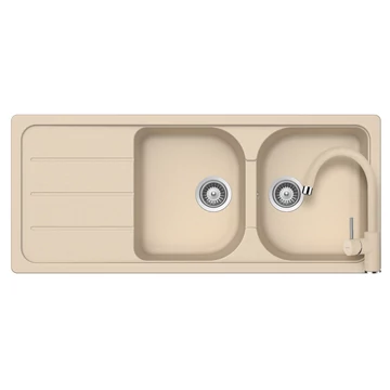 SCHOCK Formhaus D-200 Cristalite Moonstone kétmedencés csepegtetőtálcás gránit mosogató, Schock Plutos konyhai csaptelep, bézs