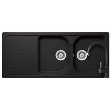 SCHOCK Formhaus D-200 Cristalite Nero kétmedencés csepegtetőtálcás gránit mosogató, Schock Plutos konyhai csaptelep, fekete
