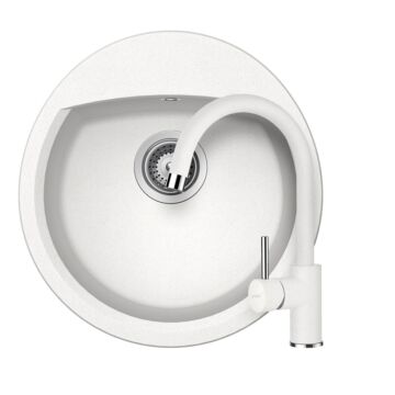 Schock Manhattan R-100 Cristalite Alpina egymedencés kerek  gránit mosogató szett, dugóemelő, szifonnal, Schock Plutos konyhai csaptelep, fehér