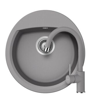 Schock Manhattan R-100 Cristalite Croma egymedencés kerek  gránit mosogató szett, dugóemelő, szifonnal, Schock Plutos konyhai csaptelep, szürke