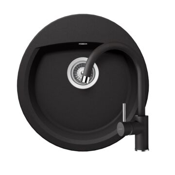 Schock Manhattan R-100 Cristalite Nero egymedencés kerek  gránit mosogató szett, dugóemelő, szifonnal, Schock Plutos konyhai csaptelep, fekete