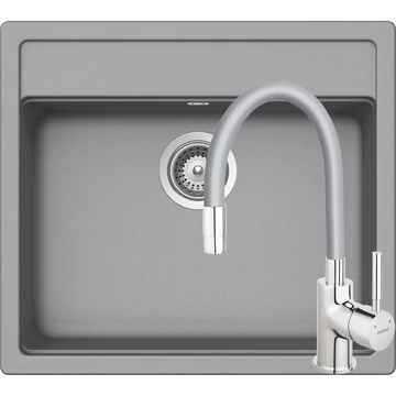 Schock Nemo N-100 Cristalite Croma egymedencés gránit mosogató, Ferro Zumba flexibilis csövű csaptelep, dugóemelő, szifonnal, szürke
