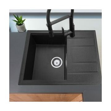 Modern 6550 csepegtetőtálcás egymedencés gránit mosogató, szifonnal, fekete-szemcsés Modern 6550 csepegtetőtálcás egymedencés gránit mosogató, szifonnal, fekete-szemcsés