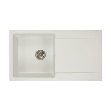 Alex egymedencés gránit mosogató csepptálcával automata szűrőkosaras leeresztővel szifonnal fehér