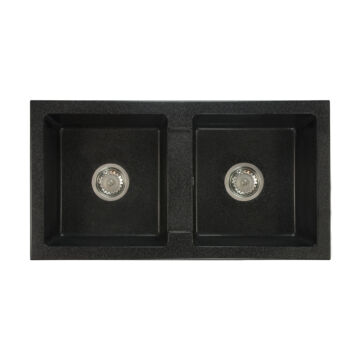 Borys kétmedencés gránit mosogató szett 2 féle választható csapteleppel (Beta, Steel) szifonnal fekete-szemcsés színben