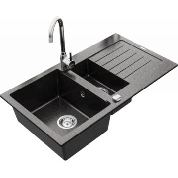 Next2 gyümölcsmosós gránit mosogató automata dugóemelő, szifonnal, fekete-szemcsés