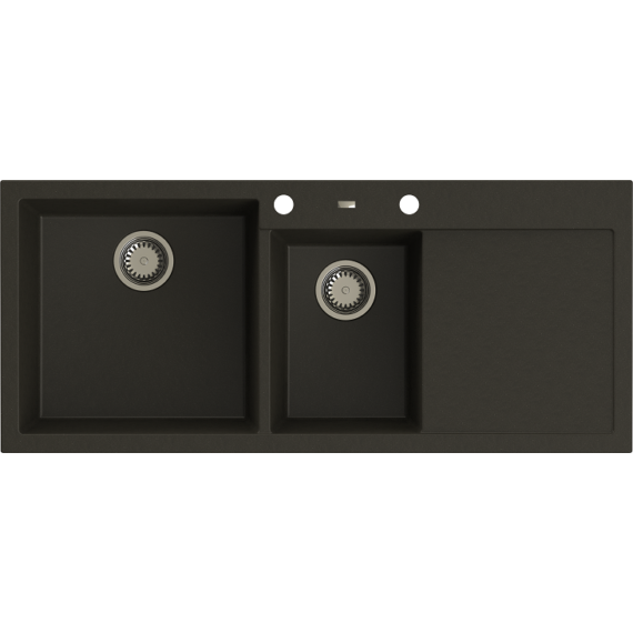 A-POINT 180 kétmedencés csepegtetőtálcás gránit mosogató automata dugóemelő, szifonnal, fekete-szemcsés fényes, balos