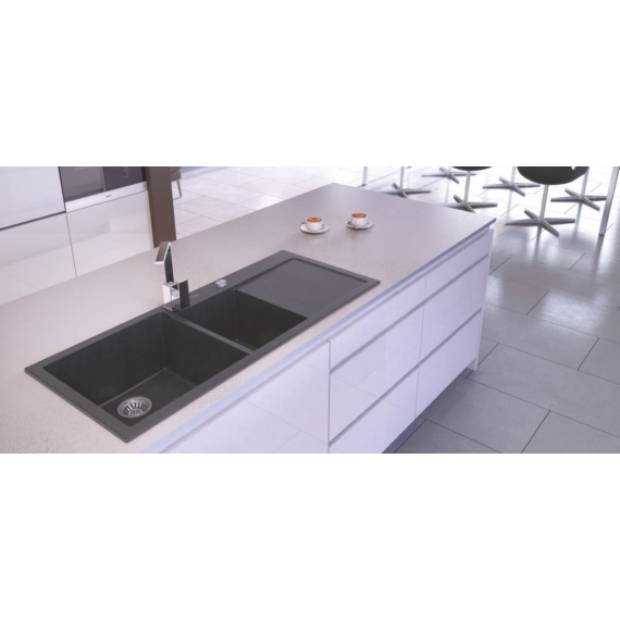 A-POINT 180 kétmedencés csepegtetőtálcás gránit mosogató automata dugóemelő, szifonnal, fekete-szemcsés