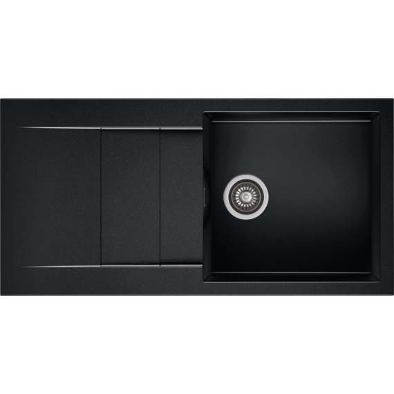 CASCADA 100 egymedencés gránit mosogató csepptálcával, szifonkészlet, fekete-szemcsés fényes