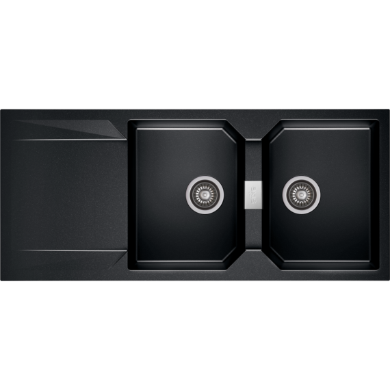 KRONOS 200 kétmedencés csepegtetőtálcás gránit mosogató automata dugóemelő, szifonnal, fekete-szemcsés fényes