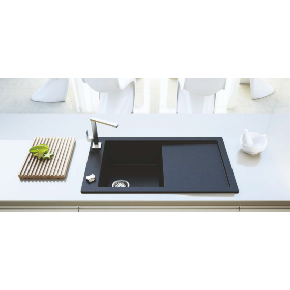 TRAMONTANA egymedencés gránit mosogató csepptálcával, automata dugóemelő, szifonkészlet, fekete-szemcsés