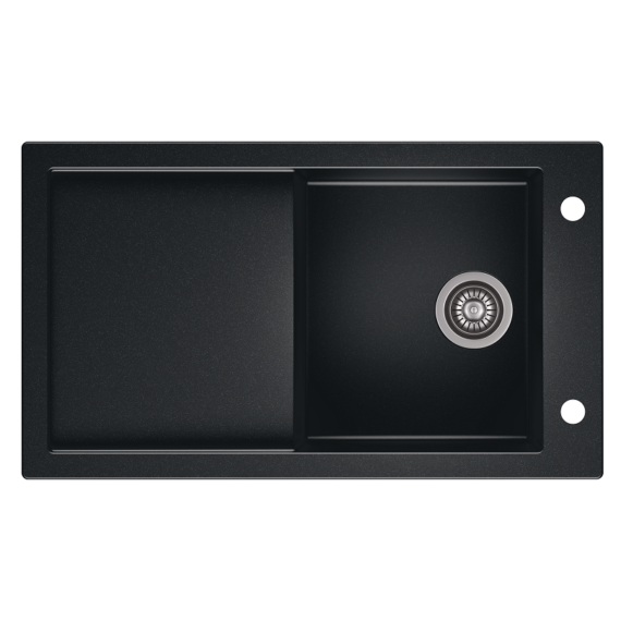 TRAMONTANA egymedencés gránit mosogató csepptálcával, automata dugóemelő, szifonkészlet, fekete-szemcsés fényes