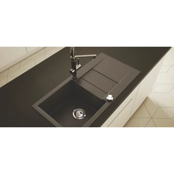 CASCADA 40 egymedencés gránit mosogató csepptálcával, szifonkészlet, fekete-szemcsés