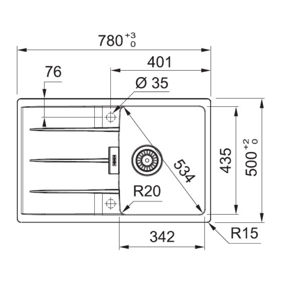 FRANKE CENTRO 611-78 egymedencés gránit mosogató csepptálcával  méret