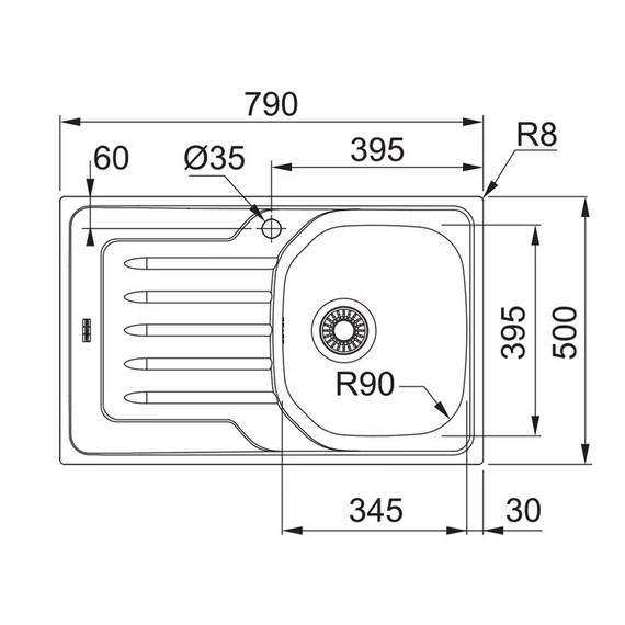 FRANKE ONDA LINE 611-79 egymedencés inox mosogató csepptálcával  méret