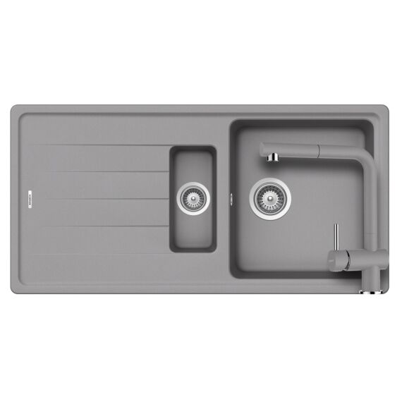 SCHOCK Element D-150 Cristalite Croma gyümölcsmosós gránit mosogató szett, Schock Epos Ext csaptelep, szürke