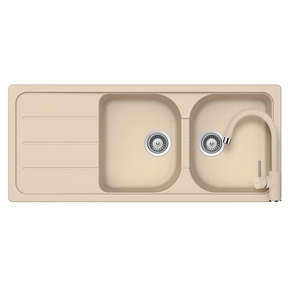 SCHOCK Formhaus D-200 Cristalite Moonstone kétmedencés csepegtetőtálcás gránit mosogató, Schock Plutos konyhai csaptelep, bézs