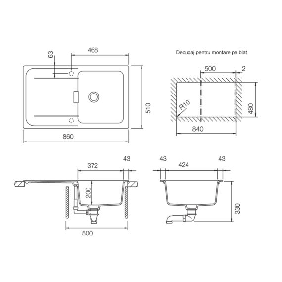 Schock Wembley D-100 egymedencés gránit mosogató csepptálcával  méret