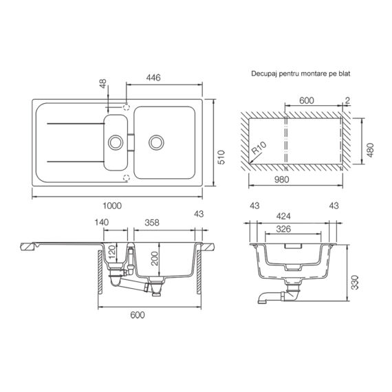 SCHOCK Wembley D-150 Cristadur gránit mosogató méret
