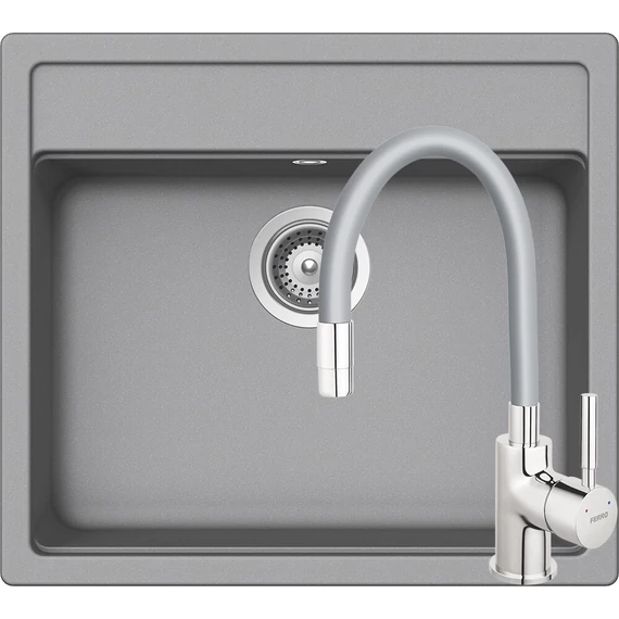 Schock Nemo N-100 Cristalite Croma egymedencés gránit mosogató, Ferro Zumba flexibilis csövű csaptelep, dugóemelő, szifonnal, szürke