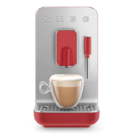 SMEG AUTOMATA KÁVÉGÉP, Medium, szálcsiszoltalumínium front, tejhabosító funkció, piros