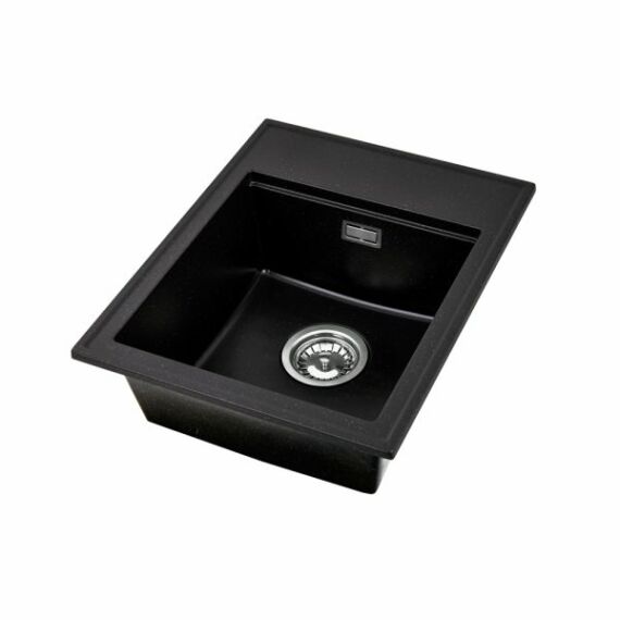 Modern 4050 egymedencés gránit mosogató automata dugóemelő, szifonnal, fekete-arany-szemcsés