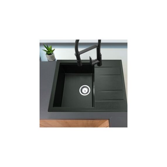 Modern 6550 csepegtetőtálcás egymedencés gránit mosogató, szifonnal, fekete-arany-szemcsés