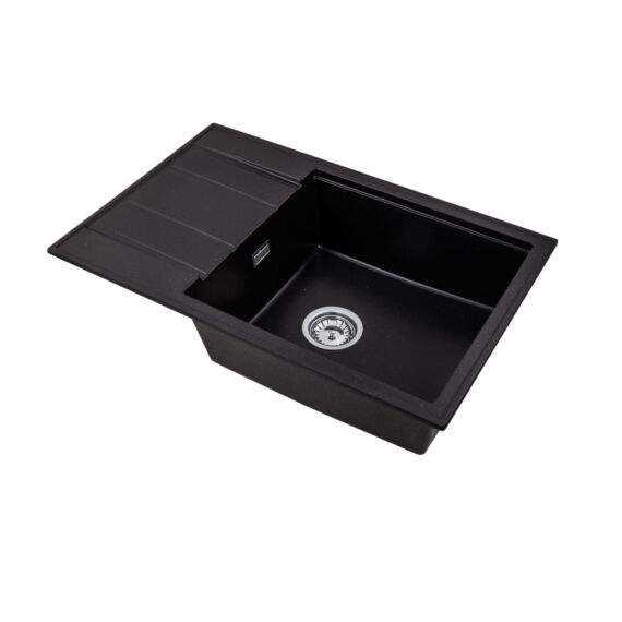 Modern 8010 csepegtetőtálcás egymedencés gránit mosogató, szifonnal, fekete-arany-szemcsés