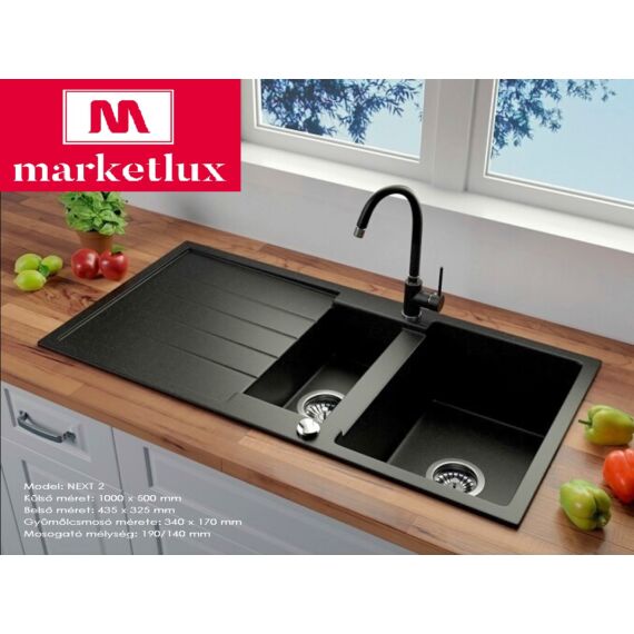 Next2 gyümölcsmosós gránit mosogató automata dugóemelő, szifonnal, fekete-szemcsés