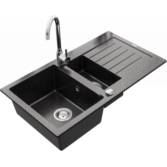 Next2 gyümölcsmosós gránit mosogató automata dugóemelő, szifonnal, fekete-szemcsés