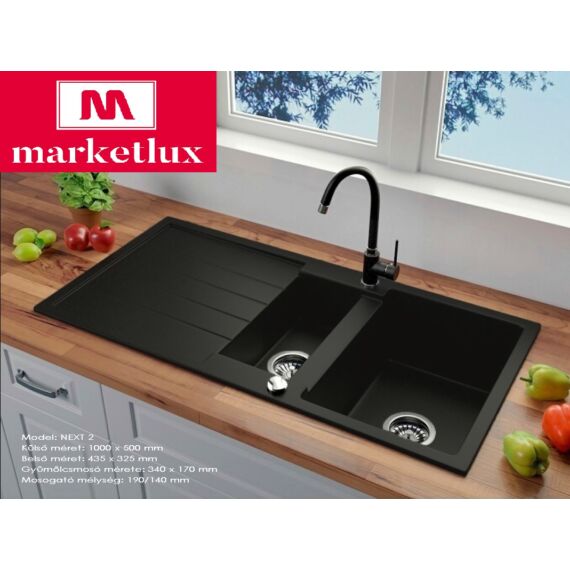 Next2 gyümölcsmosós gránit mosogató automata dugóemelő, szifonnal, fekete